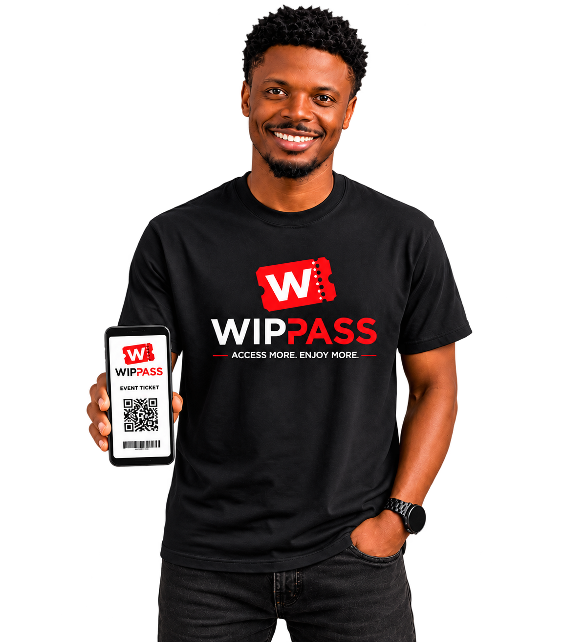 WIPPASS representative holding a digital event ticket